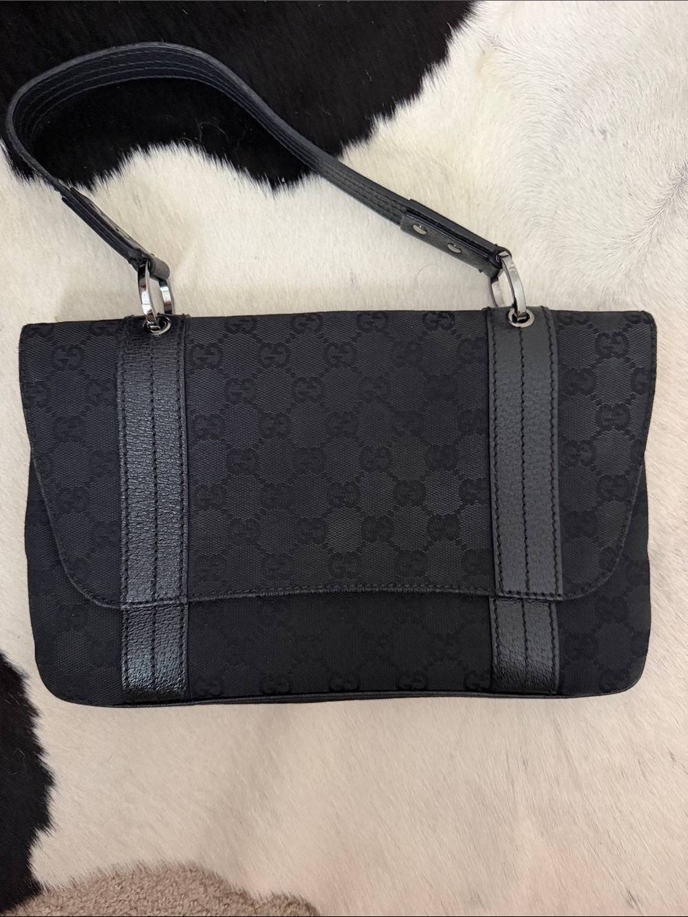 Gucci Black GG Canvas Shoulder Bag with Leather Trim